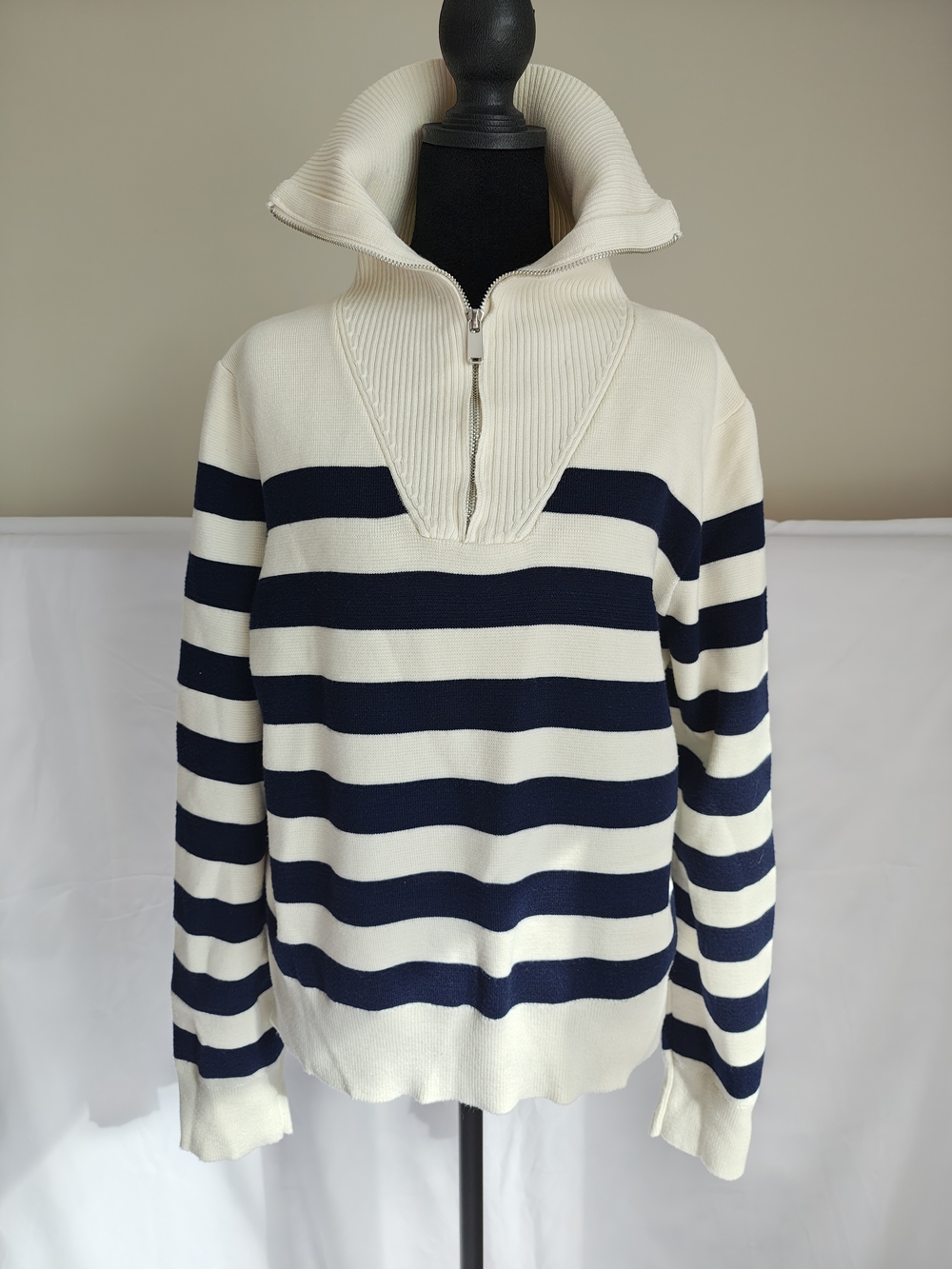 Striped Half‑Zip Mock Neck Sweater - Navy & Cream